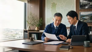 佐野市周辺の経営者とM&Aアドバイザーが資料を確認する相談シーン