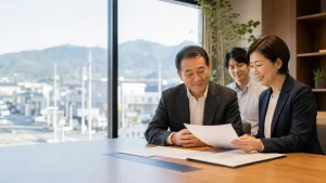 佐野市周辺の経営者とM&Aアドバイザーが資料を見ながら相談している様子