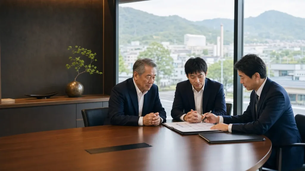 封筒、台帳、候補先カード、鍵で秘密保持型M&Aの流れを表したパーツ画像