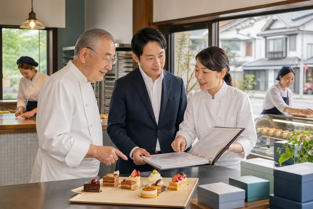 洋菓子会社 M&A事例でレシピと商品を確認する創業者・後継者・職人
