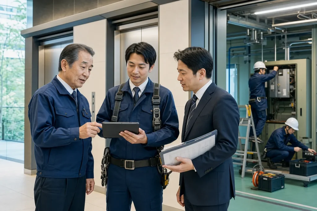 エレベーター保守会社 M&A事例で点検計画を確認する経営者と技術者