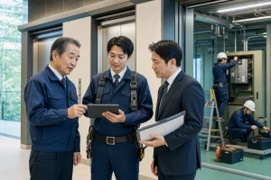 エレベーター保守会社 M&A事例で点検計画を確認する経営者と技術者