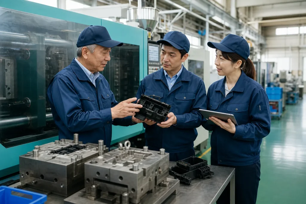 樹脂成形会社 M&A事例で大型設備と金型の技術承継を確認する経営者と後継者