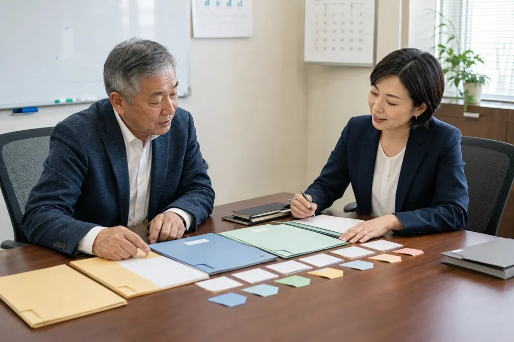 会社売却 期間とM&A工程表を確認する経営者とアドバイザー