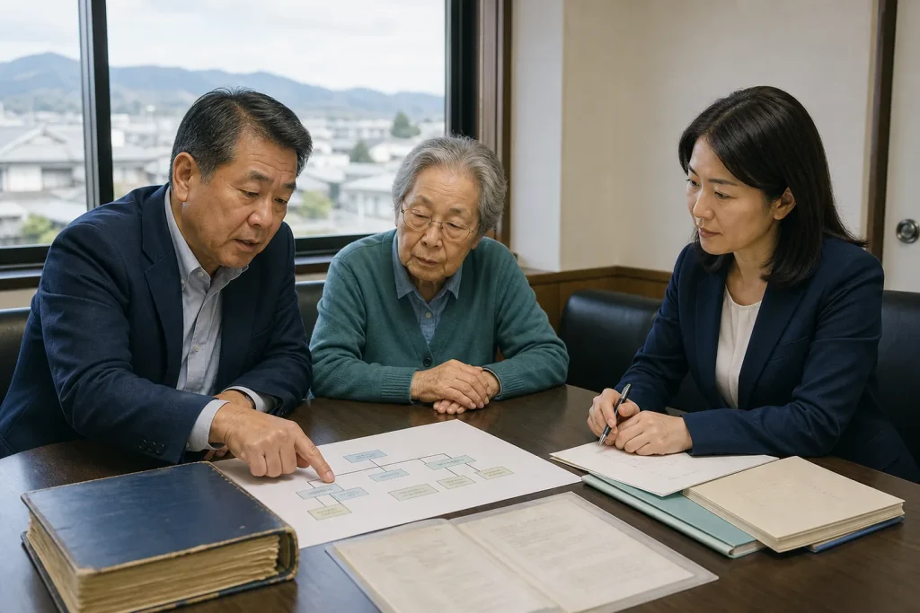 会社売却 株主整理のため株主構成図を確認する家族経営者と専門家
