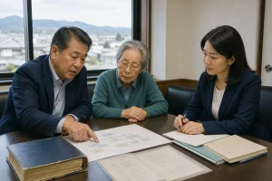 会社売却 株主整理のため株主構成図を確認する家族経営者と専門家