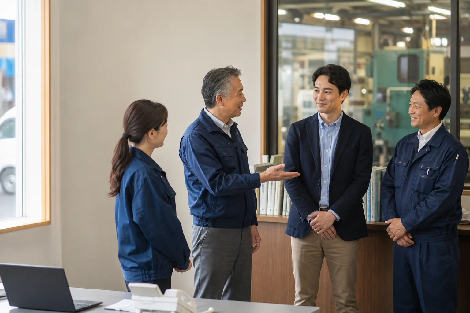 事業承継後の雇用継続について従業員へ説明する佐野市周辺の製造業オーナーとM&Aアドバイザー