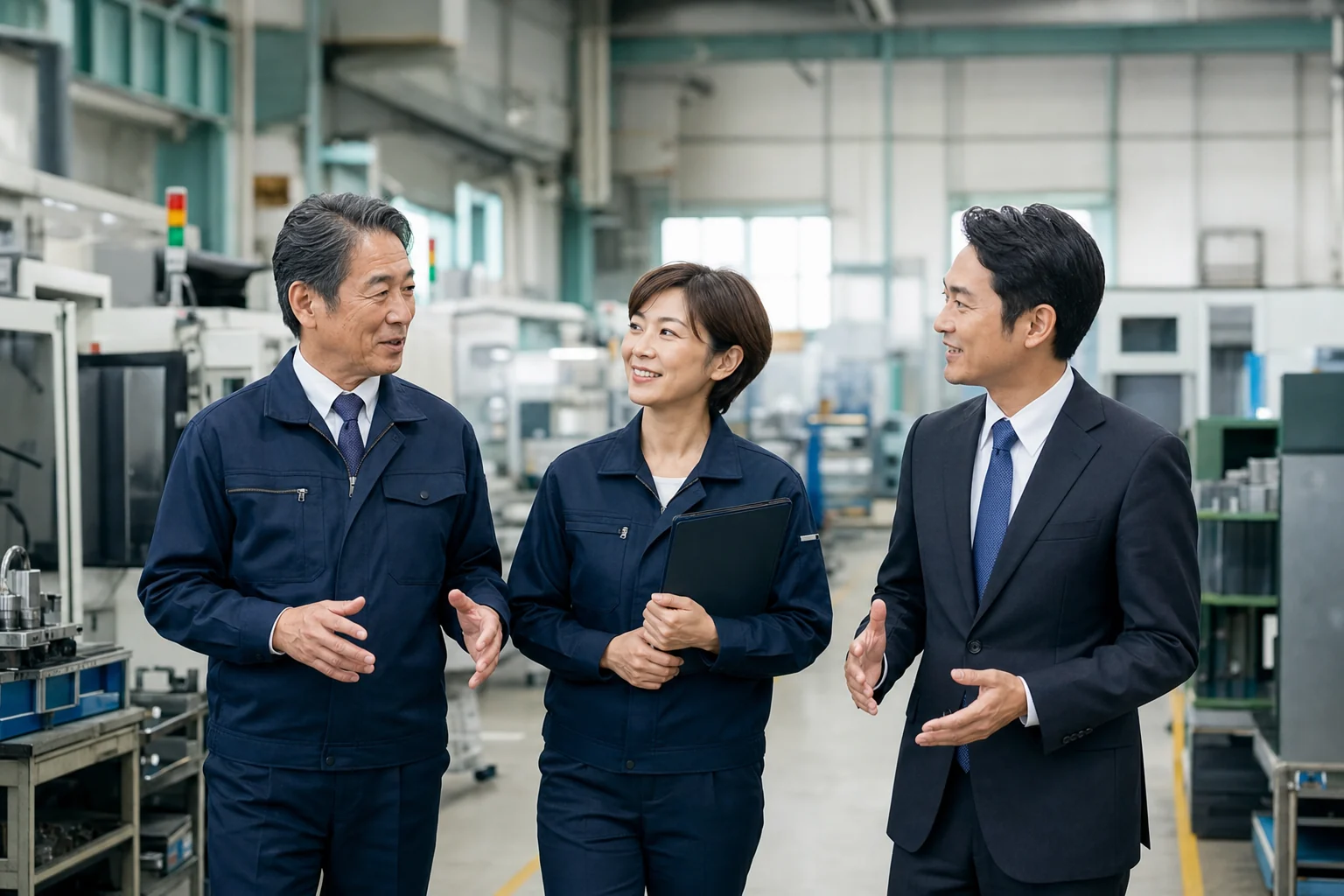 佐野・両毛エリアの製造業オーナーと責任者が工場で事業承継を相談する様子