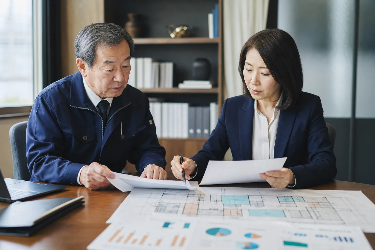 会社の決算資料と設備図面を確認し企業価値を整理する経営者とM&Aアドバイザー
